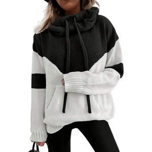 image:imagechouyatou Womens Casual Color Block Fluffy Hoodie Sweater Fuzzy Fleece Pullover Jumper TopsBlack