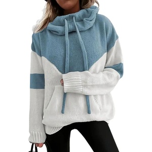 image:imagechouyatou Womens Casual Color Block Fluffy Hoodie Sweater Fuzzy Fleece Pullover Jumper TopsBlue
