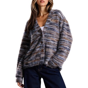 image:imagechouyatou Womens Furry Button Down Cardigan Striped VNeck Loose Fluffy Knit Button Down Sweater CoatBrown