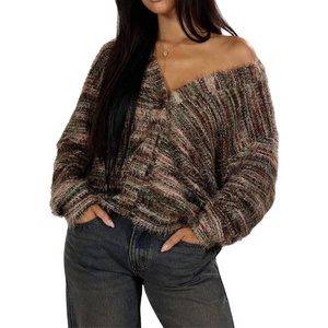 image:imagechouyatou Womens Furry Button Down Cardigan Striped VNeck Loose Fluffy Knit Button Down Sweater CoatCoffee