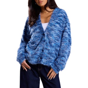 image:imagechouyatou Womens Furry Button Down Cardigan Striped VNeck Loose Fluffy Knit Button Down Sweater CoatDark Blue