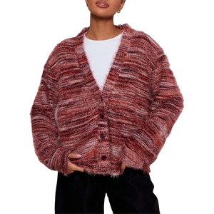 image:imagechouyatou Womens Furry Button Down Cardigan Striped VNeck Loose Fluffy Knit Button Down Sweater CoatRed
