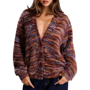 image:imagechouyatou Womens Furry Button Down Cardigan Striped VNeck Loose Fluffy Knit Button Down Sweater CoatRed Brown