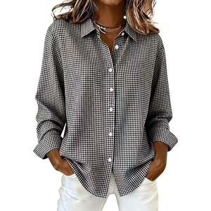 image:imagechouyatou Womens Plaid Button Down Shirt Long Sleeve Gingham Blouse TopsBlack