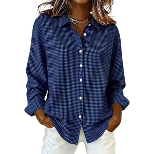 image:imagechouyatou Womens Plaid Button Down Shirt Long Sleeve Gingham Blouse TopsDark Blue
