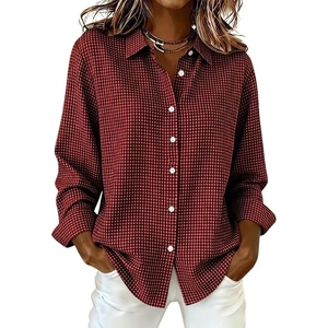 image:imagechouyatou Womens Plaid Button Down Shirt Long Sleeve Gingham Blouse TopsDark Red