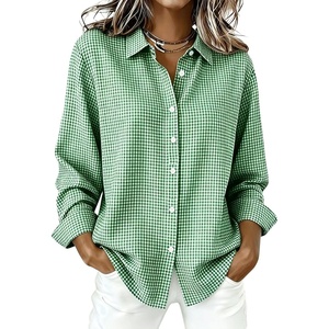 image:imagechouyatou Womens Plaid Button Down Shirt Long Sleeve Gingham Blouse TopsGreen