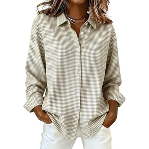 image:imagechouyatou Womens Plaid Button Down Shirt Long Sleeve Gingham Blouse TopsKhaki