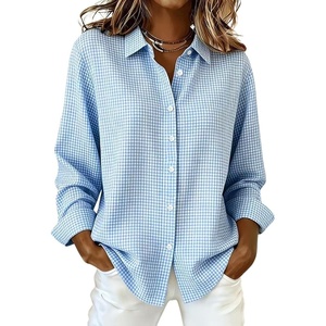 image:imagechouyatou Womens Plaid Button Down Shirt Long Sleeve Gingham Blouse TopsLight Blue