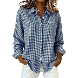 image:imagechouyatou Womens Plaid Button Down Shirt Long Sleeve Gingham Blouse TopsNavy