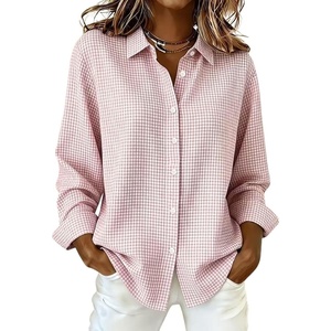 image:imagechouyatou Womens Plaid Button Down Shirt Long Sleeve Gingham Blouse TopsPink