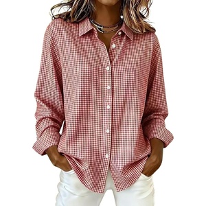 image:imagechouyatou Womens Plaid Button Down Shirt Long Sleeve Gingham Blouse TopsRed