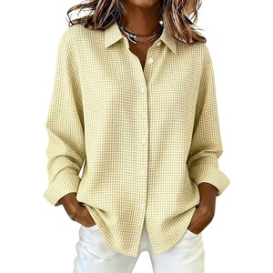image:imagechouyatou Womens Plaid Button Down Shirt Long Sleeve Gingham Blouse TopsYellow