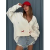 image:imagechouyatou Womens Fall Graphic Embroidery Button Down Cardigans V Neck Cozy Funny Knit Cardigan Sweater Jacket CoatBeige White