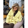 image:imagechouyatou Womens Fall Graphic Embroidery Button Down Cardigans V Neck Cozy Funny Knit Cardigan Sweater Jacket CoatYellow