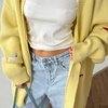 image:imagechouyatou Womens Fall Graphic Embroidery Button Down Cardigans V Neck Cozy Funny Knit Cardigan Sweater Jacket CoatYellow
