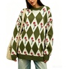 image:imagechouyatou Womens Floral Pullover Sweater Argyle Plaid Crewneck Knit TopsArmy Green