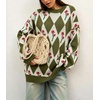 image:imagechouyatou Womens Floral Pullover Sweater Argyle Plaid Crewneck Knit TopsArmy Green