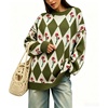 image:imagechouyatou Womens Floral Pullover Sweater Argyle Plaid Crewneck Knit TopsArmy Green