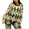 image:imagechouyatou Womens Floral Pullover Sweater Argyle Plaid Crewneck Knit TopsArmy Green