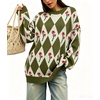 image:imagechouyatou Womens Floral Pullover Sweater Argyle Plaid Crewneck Knit TopsArmy Green