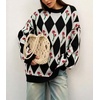 image:imagechouyatou Womens Floral Pullover Sweater Argyle Plaid Crewneck Knit TopsBlack