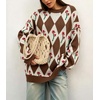 image:imagechouyatou Womens Floral Pullover Sweater Argyle Plaid Crewneck Knit TopsCoffee