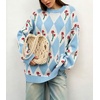 image:imagechouyatou Womens Floral Pullover Sweater Argyle Plaid Crewneck Knit TopsLight Blue