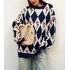 image:imagechouyatou Womens Floral Pullover Sweater Argyle Plaid Crewneck Knit TopsNavy