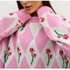 image:imagechouyatou Womens Floral Pullover Sweater Argyle Plaid Crewneck Knit TopsPink