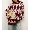 image:imagechouyatou Womens Floral Pullover Sweater Argyle Plaid Crewneck Knit TopsWine Red