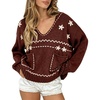 image:imagechouyatou Womens Embroidery Knit Sweater VNeck Oversized Y2K Pullover TopsRed