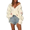 image:imagechouyatou Womens Fall Graphic Embroidery Button Down Cardigans V Neck Cozy Funny Knit Cardigan Sweater Jacket CoatBeige White