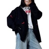 image:imagechouyatou Womens Fall Graphic Embroidery Button Down Cardigans V Neck Cozy Funny Knit Cardigan Sweater Jacket CoatBlack