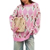 image:imagechouyatou Womens Floral Pullover Sweater Argyle Plaid Crewneck Knit TopsPink