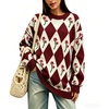 image:imagechouyatou Womens Floral Pullover Sweater Argyle Plaid Crewneck Knit TopsWine Red