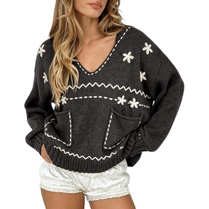 image:imagechouyatou Womens Embroidery Knit Sweater VNeck Oversized Y2K Pullover TopsBlack