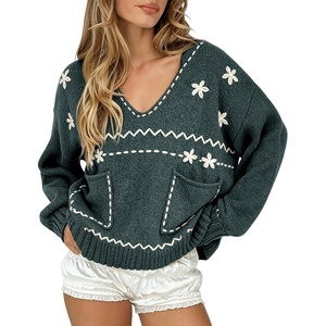 image:imagechouyatou Womens Embroidery Knit Sweater VNeck Oversized Y2K Pullover TopsBlackish Green
