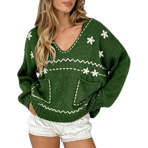 image:imagechouyatou Womens Embroidery Knit Sweater VNeck Oversized Y2K Pullover TopsGreen