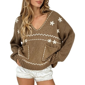 image:imagechouyatou Womens Embroidery Knit Sweater VNeck Oversized Y2K Pullover TopsKhaki