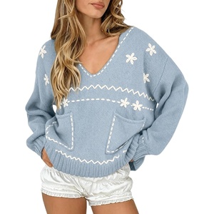 image:imagechouyatou Womens Embroidery Knit Sweater VNeck Oversized Y2K Pullover TopsLight Blue