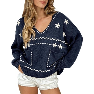 image:imagechouyatou Womens Embroidery Knit Sweater VNeck Oversized Y2K Pullover TopsNavy Blue
