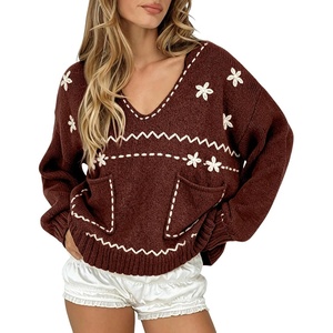 image:imagechouyatou Womens Embroidery Knit Sweater VNeck Oversized Y2K Pullover TopsRed