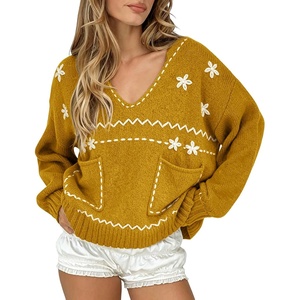 image:imagechouyatou Womens Embroidery Knit Sweater VNeck Oversized Y2K Pullover TopsYellow