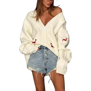 image:imagechouyatou Womens Fall Graphic Embroidery Button Down Cardigans V Neck Cozy Funny Knit Cardigan Sweater Jacket CoatBeige White