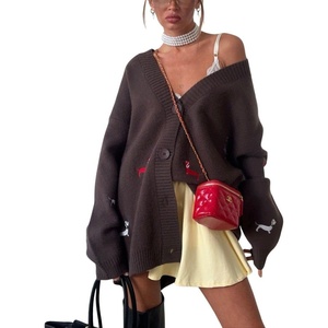 image:imagechouyatou Womens Fall Graphic Embroidery Button Down Cardigans V Neck Cozy Funny Knit Cardigan Sweater Jacket CoatCoffee