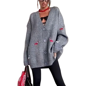 image:imagechouyatou Womens Fall Graphic Embroidery Button Down Cardigans V Neck Cozy Funny Knit Cardigan Sweater Jacket CoatGray