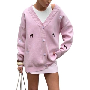 image:imagechouyatou Womens Fall Graphic Embroidery Button Down Cardigans V Neck Cozy Funny Knit Cardigan Sweater Jacket CoatPink