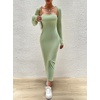 image:imagechouyatou Womens Sexy Ribbed Knit Cropped Shrug Cardigan and Spaghetti Strap Maxi Tank Dress Sets 2 Piece Sweater OutfitsGreen