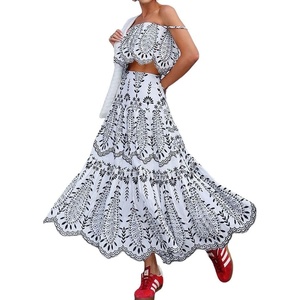 image:imagechouyatou Womens Summer Floral Print 2 Piece Outfits Spaghetti Strap Crop Top amp Ruffle Swing Long Skirt SetWhite